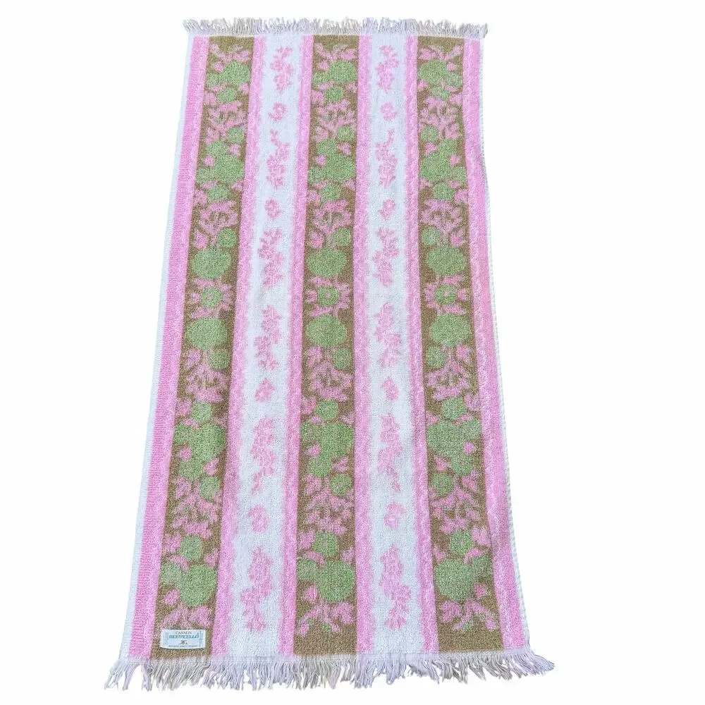 Vintage Cannon Monticello Bath Towel Floral Pink & Green Roses w/ Fringe Cottage